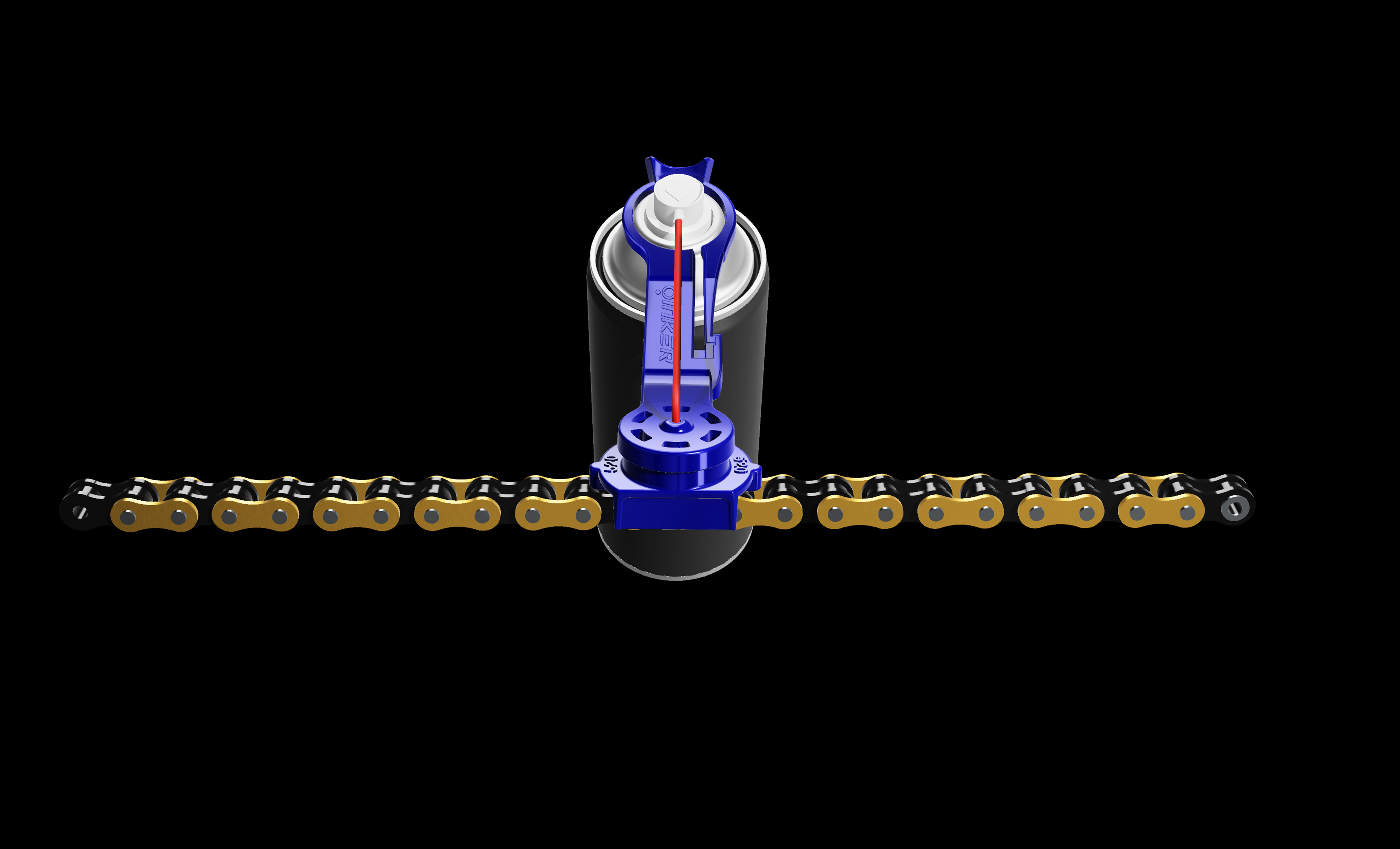 Above front view of Oinker on chain that extends from left to right. Oinker is attached to aerosol can in background