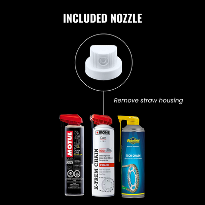 Oinker motorcycle chain oiler attached to aerosol spray can